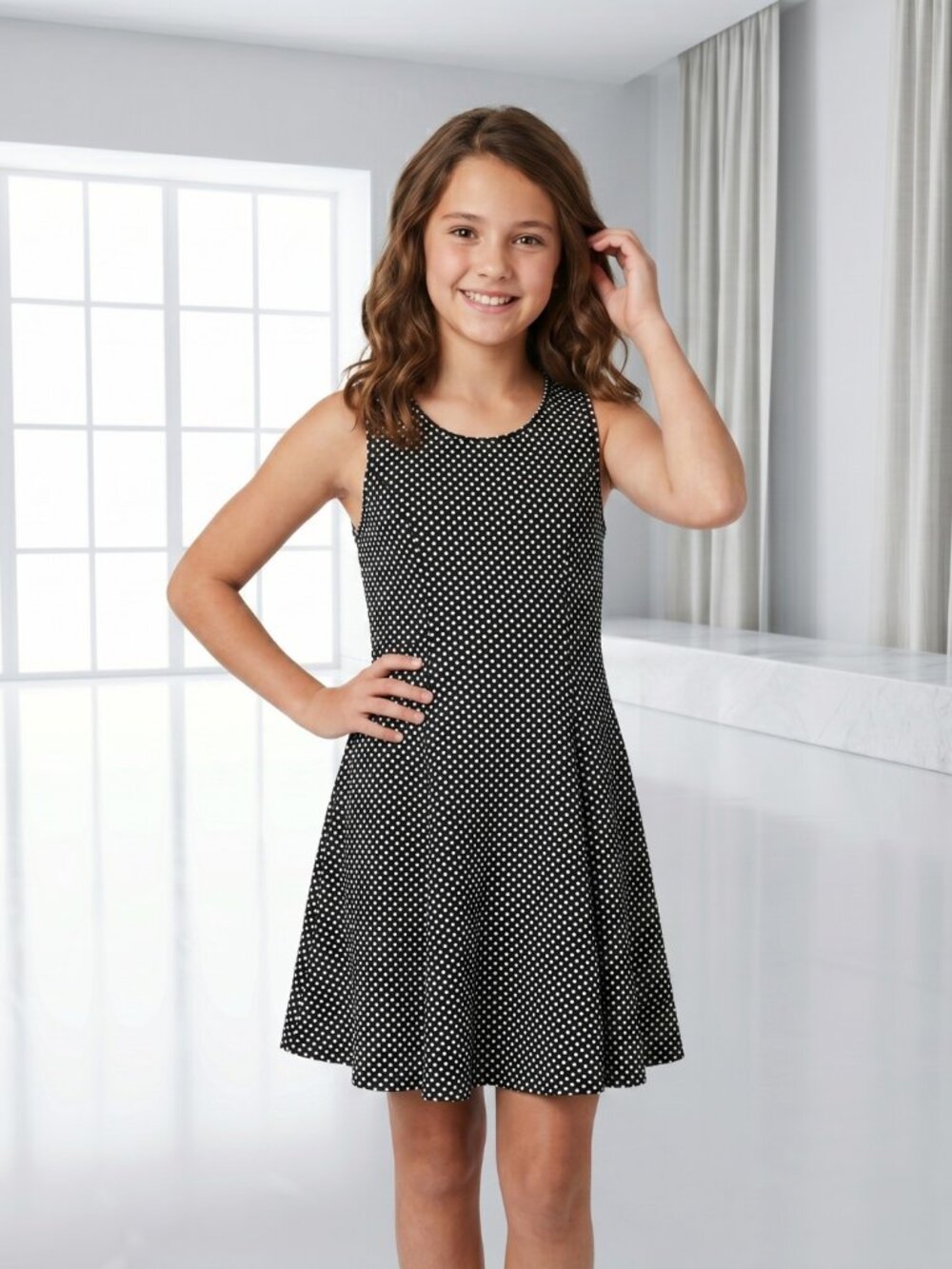 Total Girl Black & White Polka Dot Skater Dress Fit & Flare Twee Sleeveless 14
